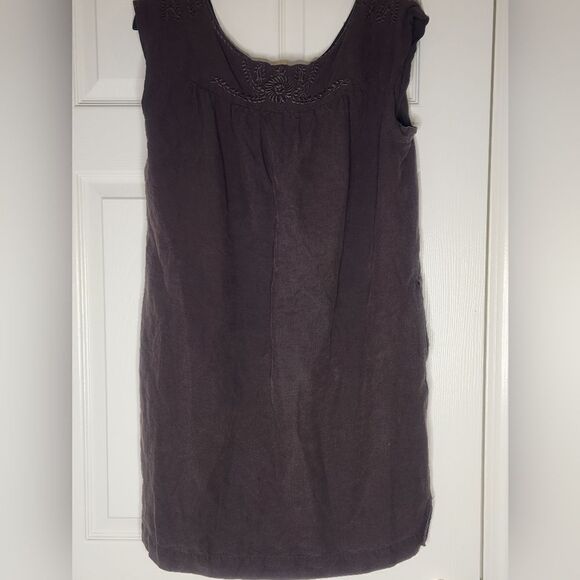 Jones New York 16 Brown SILK LINEN Embroidered Pockets Slvless Women Mini Dress - Picture 8 of 9